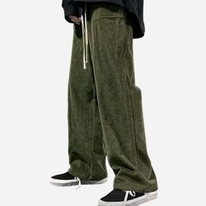 Olive Green Corduroy Wide Leg Pants With 4 Pockets And Drawstring Waist